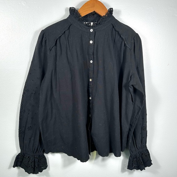 ba&sh Tops - Ba&sh Black Cotton Ruffle Neckline Lady Shirt Size 6 Sophisticated Cottagecore